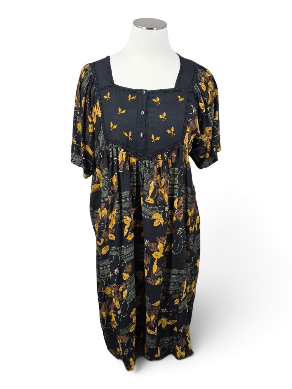 Vintage Boho Dress Women's Plus Size 3X Black Brown Green Orange Floral